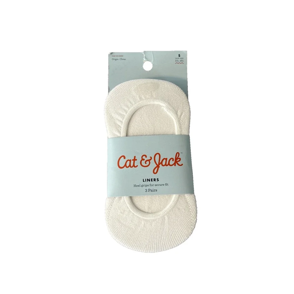 Cat & Jack Girls Liners No-Show Socks Heel Grips White Pink Black, 3 Pairs, Sz S